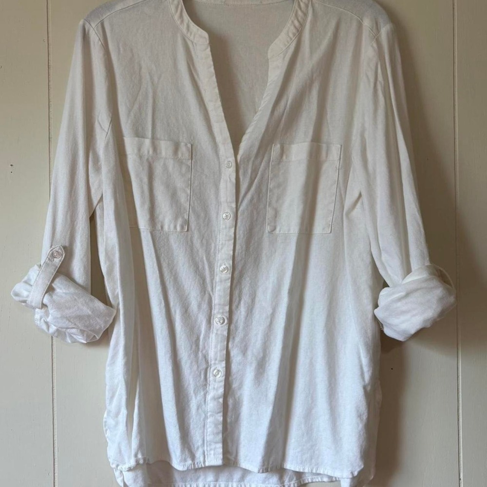 Antonio Melani White Linen Blend Roll Tab Button Front Blouse Size M